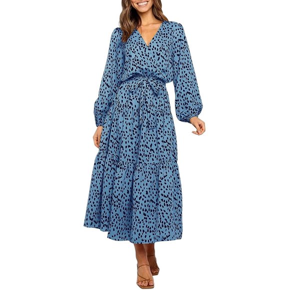 Unbranded Dresses & Skirts - Women's Boho Leopard Print Ruffle Long Sleeve V Neck Casual Flowy Maxi Dress XL